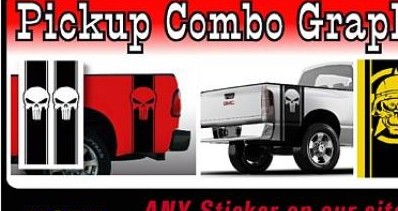 Red pickup with vertical bed stripe combo graphics