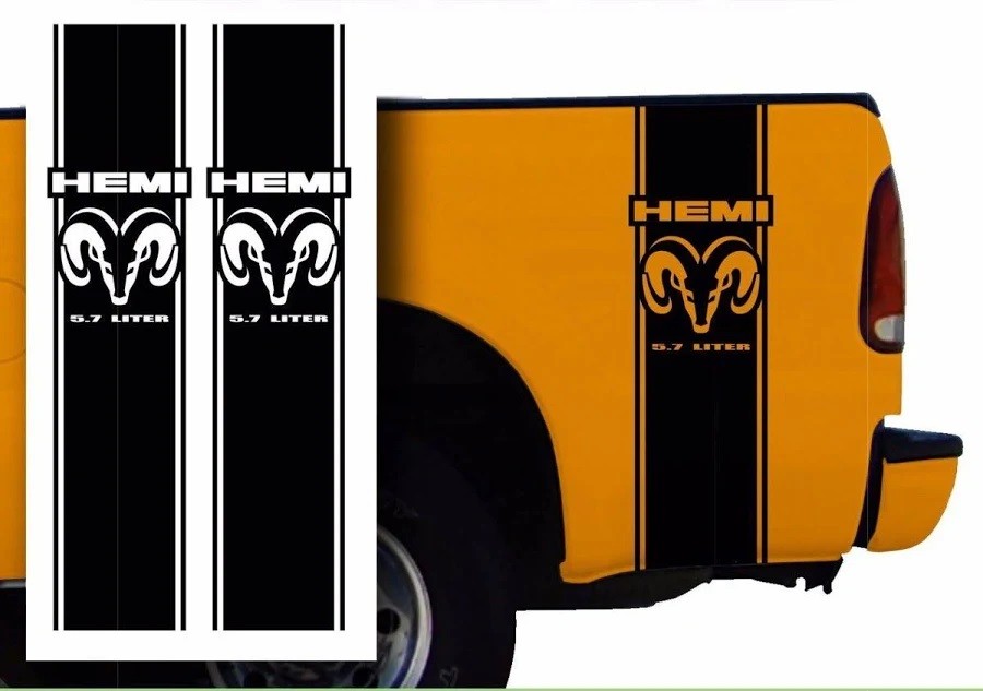 Yellow truck with vertical HEMI bed stripe kit